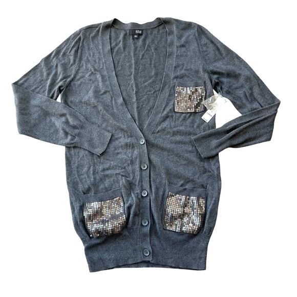 NWT a.n.a A New Approach Women Cardigan Sweater Large Gray Sequin Sparkle Pocket - Picture 1 of 9